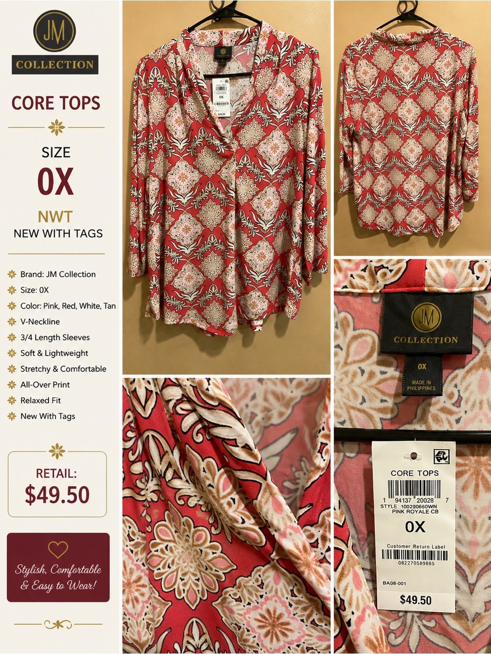 JM Collection Coral Red Floral V-Neck 3/4 Sleeve Blouse